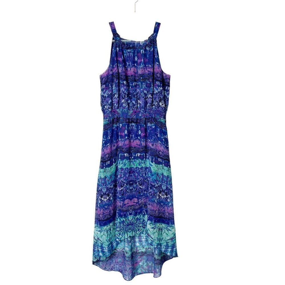 Chicos Midi Dress Womens Size 1 US 8 Purple Blue Print High Low Smocked Waist